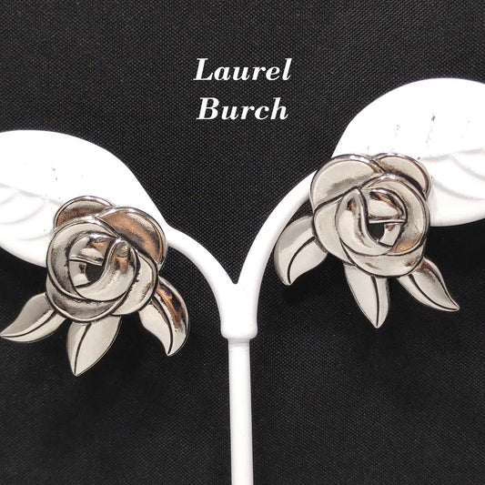 Vintage Laurel Burch Deco Rose Earrings, Rhodium Plated, Black Enamel, 1980s