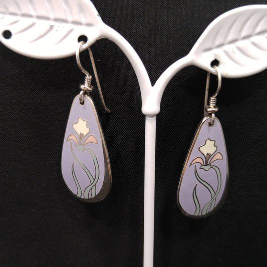 Laurel Burch "Wild Iris" Cloisonne Earrings, Lavender Enamel, White & Pink Flower, Rhodium Plate, 1980s Vintage Jewelry