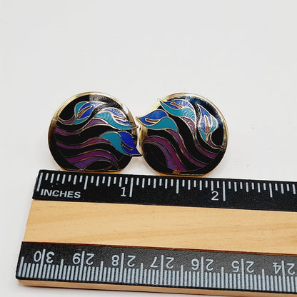 Vintage Laurel Burch "Lilies for Les" Post Earrings - Purple Blue Enamel - Gold Plated - 1 Inch