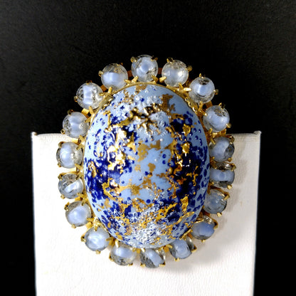 Hand Painted Blue Spatter Gold Ceramic Brooch, Gold Plated, 1960s Vintage Jewelry