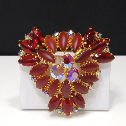 Red Art Glass & Rhinestone Brooch, Gold Plated, Juliana Style, 1960s Vintage Jewelry