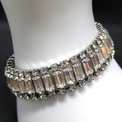 Vintage Weiss Clear Rhinestone Bracelet, Rhodium Plate, Safety Chain, 1950s