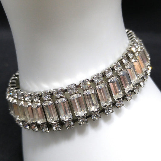 Weiss 1950s Clear Rhinestone Bracelet | Rhodium Plated Vintage Mid-Century Bridal Jewelry | Emerald-Cut Stones
