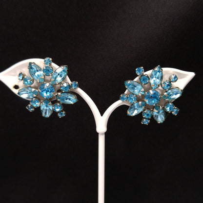 Sherman Turquoise Rhinestone Earrings, Screw-back Rhodium Plated, 1950s Vintage Jewelry