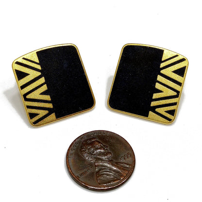 Laurel Burch "Naito" Post Earrings, Black Cloisonné, Gold Plated, 1980s Vintage