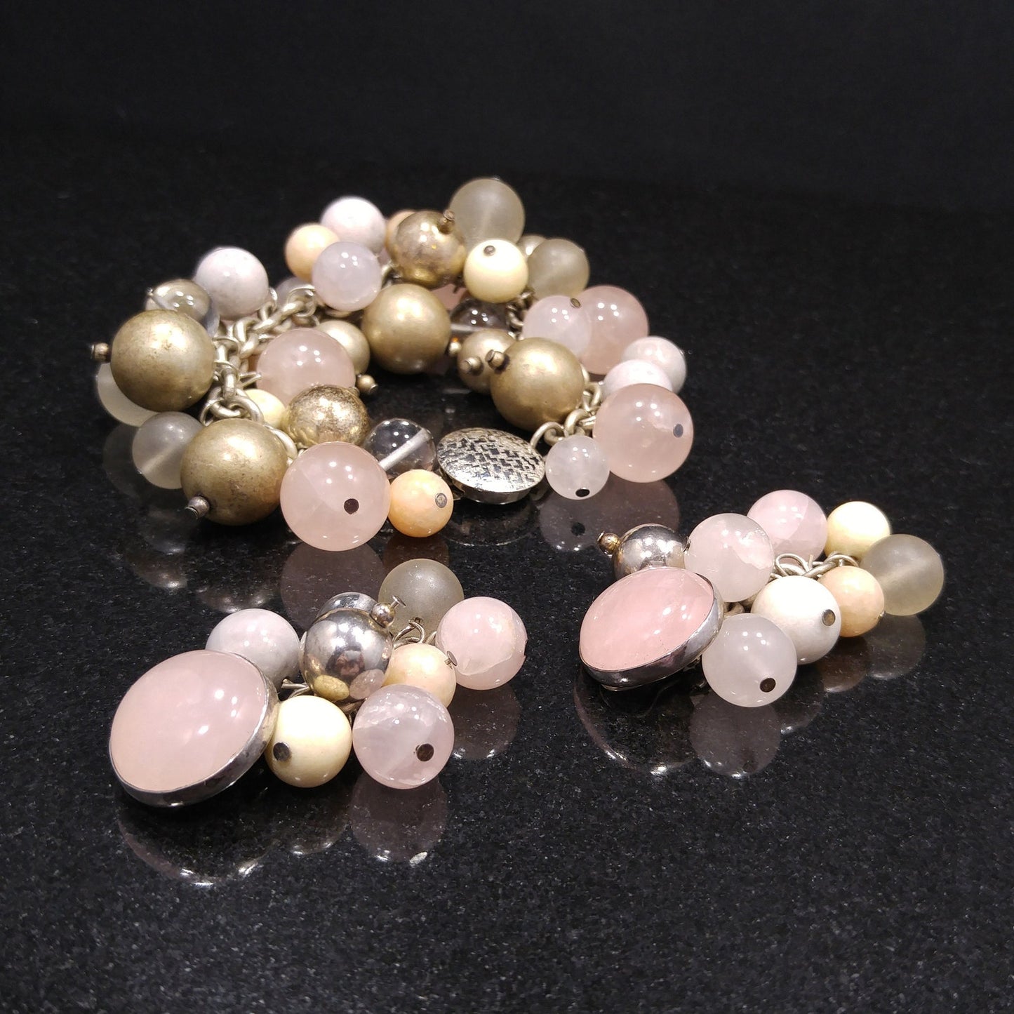 Susan Cummings Beaded Clip Earrings & Bracelet, Sterling Silver, Gemstone Beads