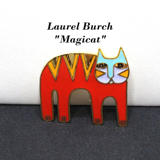 Laurel Burch "Magicat" Red Cat Brooch, Gold Plated Cloisonne Enamel, 1980s Vintage Jewelry