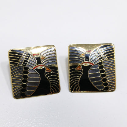 Laurel Burch "Moondoves" Post Earrings, Black Birds, Gold Plated, 1980s