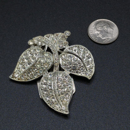 Leaves Clear Rhinestone Dress Clip, Pot Metal, 1930s Vintage Jewelry