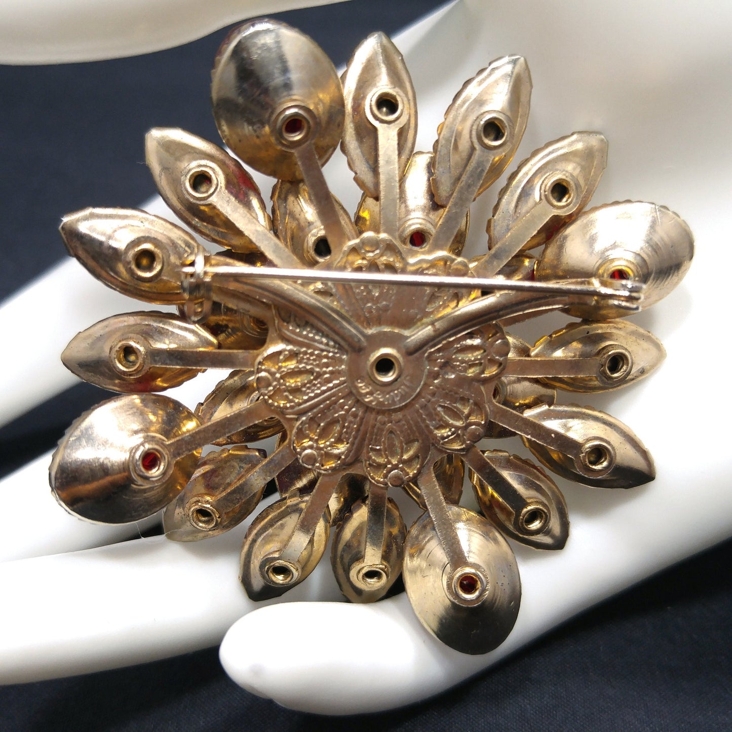 Judy Lee Red Rhinestone Brooch, Red Gold Molded Glass Petals, 1960s Vintage Jewelry