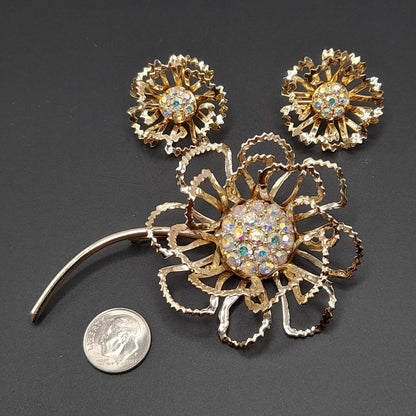Vintage Sarah Coventry AB Rhinestone Centers Gold Tone Flower Brooch Clip Earrings Set
