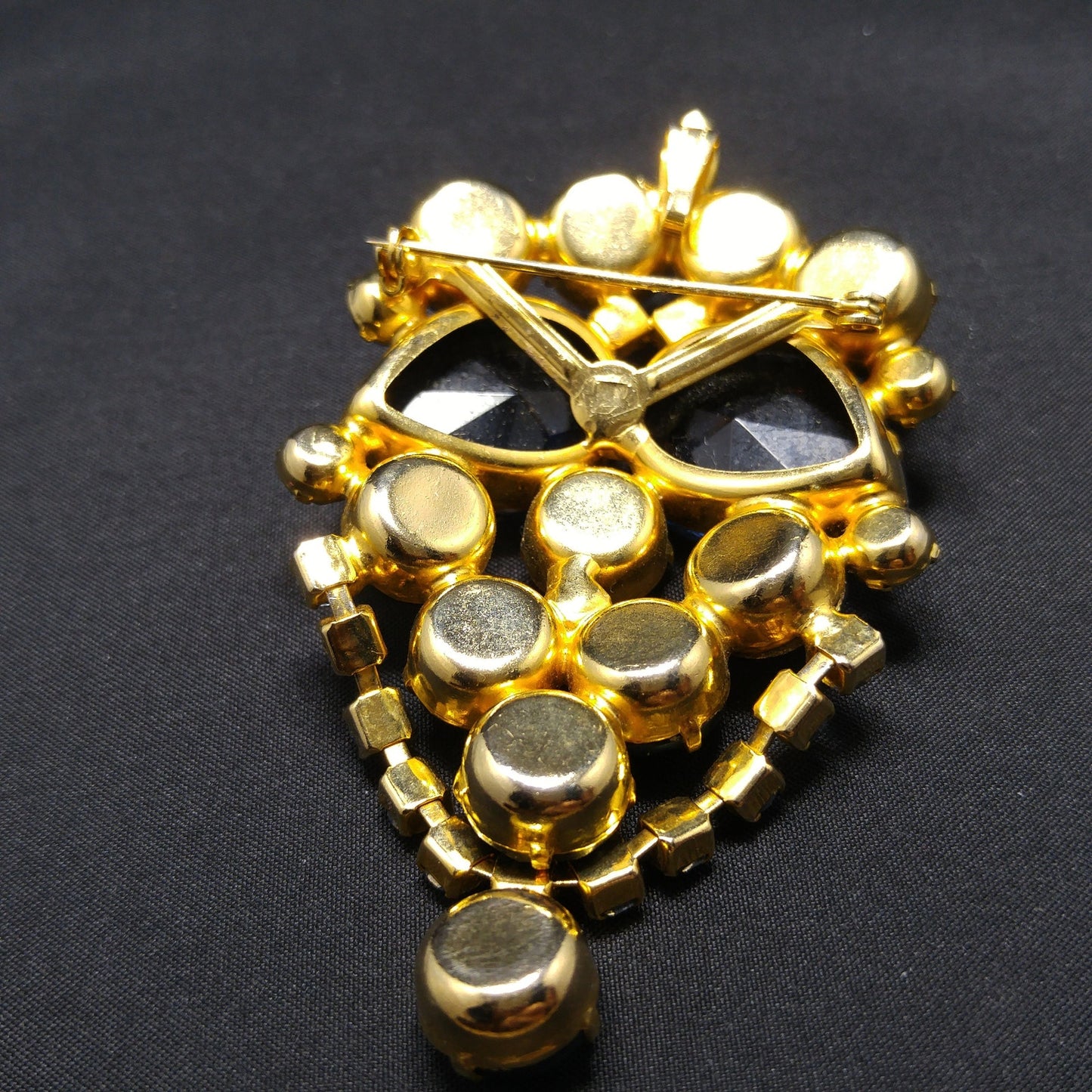 Large Blue Rhinestone Brooch & Pendant, Gold Plated, 1960s Vintage Jewelry