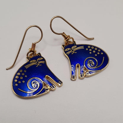 Vintage Laurel Burch "Keshire Cat" Drop Earrings, Blue Enamel, Gold Plate, 1980s Jewelry