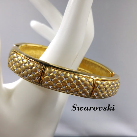 Vintage Swarovski Gold Plated Hinged Cuff Bracelet Clear Rhinestones Swan Logo