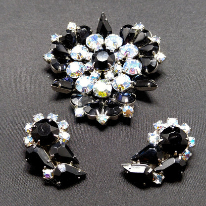 Black Aurora Borealis Brooch & Earrings, Rhodium Plated, 1960s Vintage Jewelry