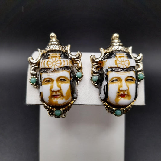 Selro Selini Oriental Asian Design Clip Earrings, Unsigned, 1950s Vintage Jewelry