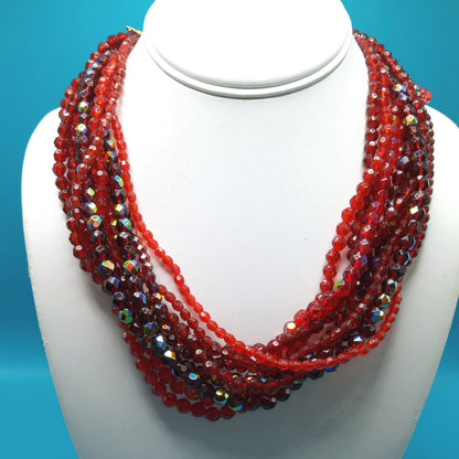Red Fire Polished Bead Necklace, Nine Strands, 1980s Vintage Jewelry