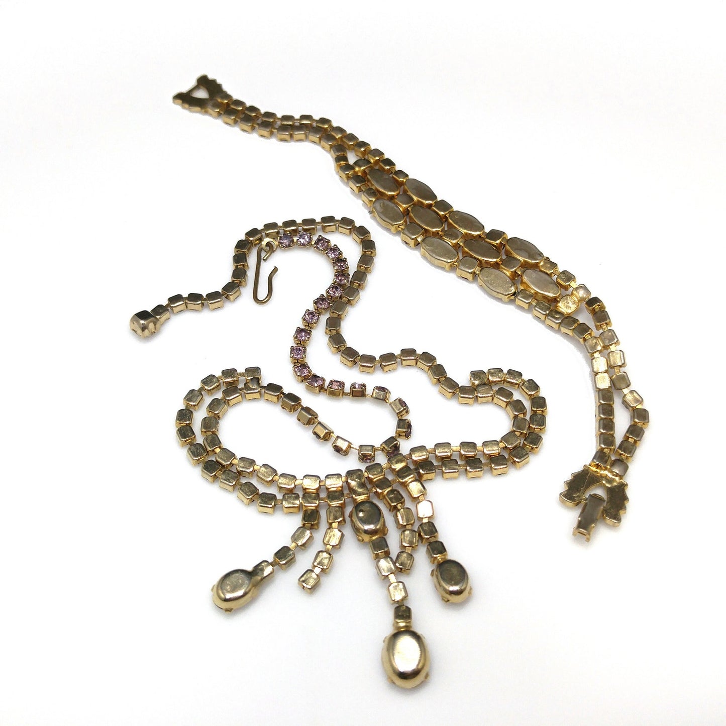 Vintage Lavender Rhinestone Festoon Necklace Bracelet Set, Gold Plated, 1950s Vintage Jewelry