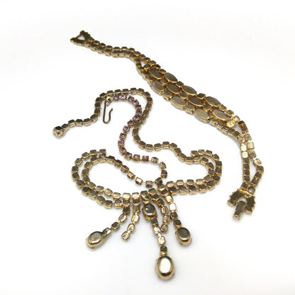 Vintage Lavender Rhinestone Festoon Necklace Bracelet Set, Gold Plated, 1950s Vintage Jewelry