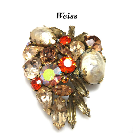 Weiss Faux Baroque Pearl Brooch, Orange Topaz Rhinestones Antique Gold, 1950s Vintage Jewelry