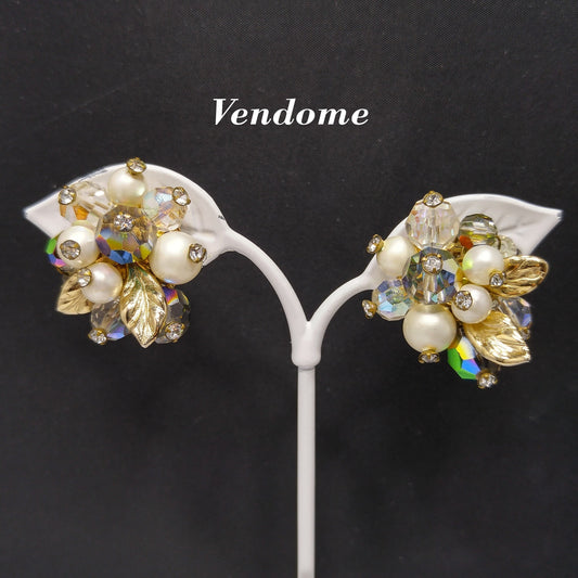 Vendome Floral Bead Crystal Clip Earrings, Faux Pearls, Vitrail Crystal, 1960s Vintage Jewelry