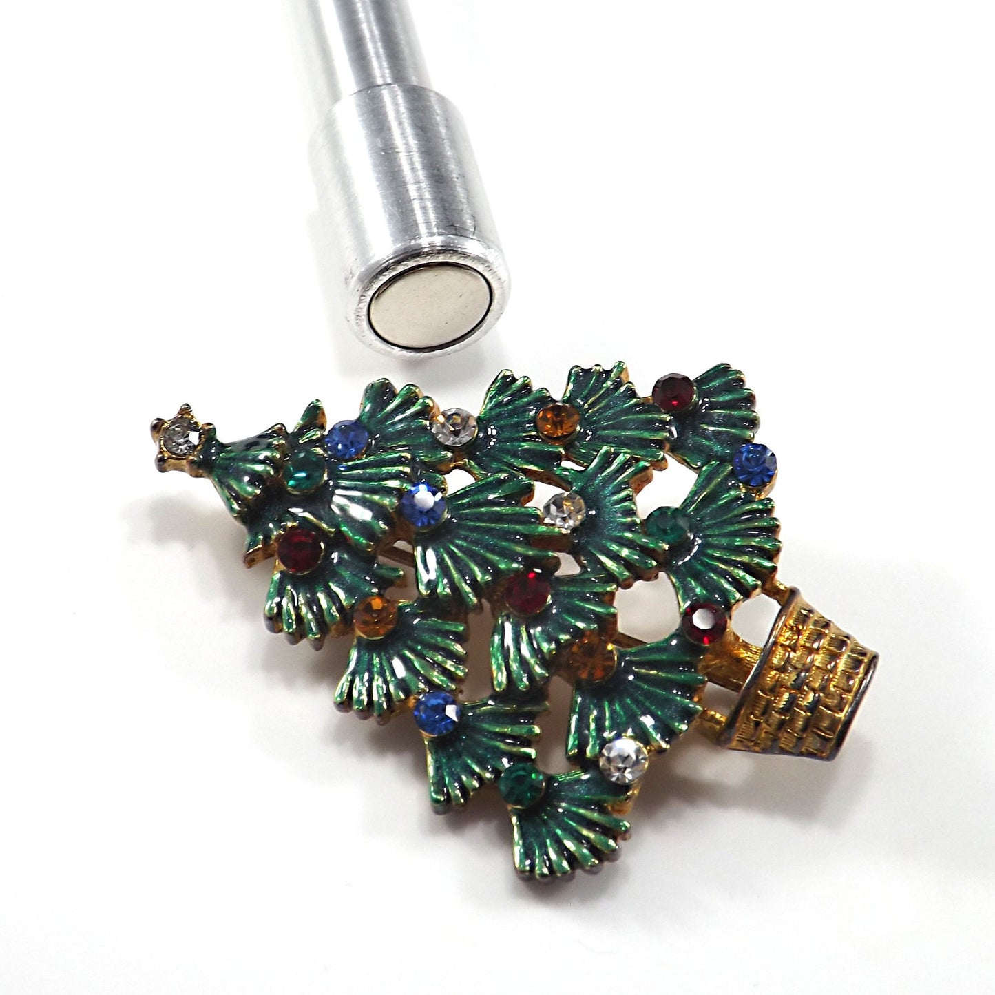 Eisenberg Ice Christmas Tree Brooch, Enamel Leaves, Rhinestones, 1970s Vintage