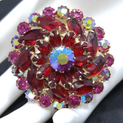 Red & Pink Rhinestone Brooch, Gold Plated, 1960s Vintage Jewelry