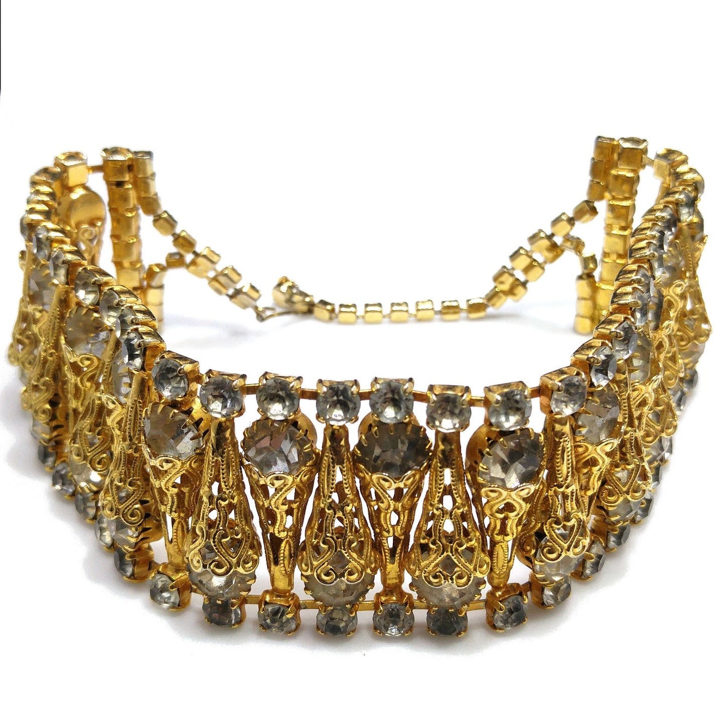 Vintage Gray Rhinestone Gold Filigree Cone Choker Necklace 1950s