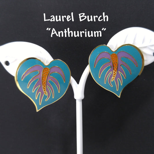 Vintage Laurel Burch Teal Anthurium Post Earrings, 1980s Vintage Jewelry