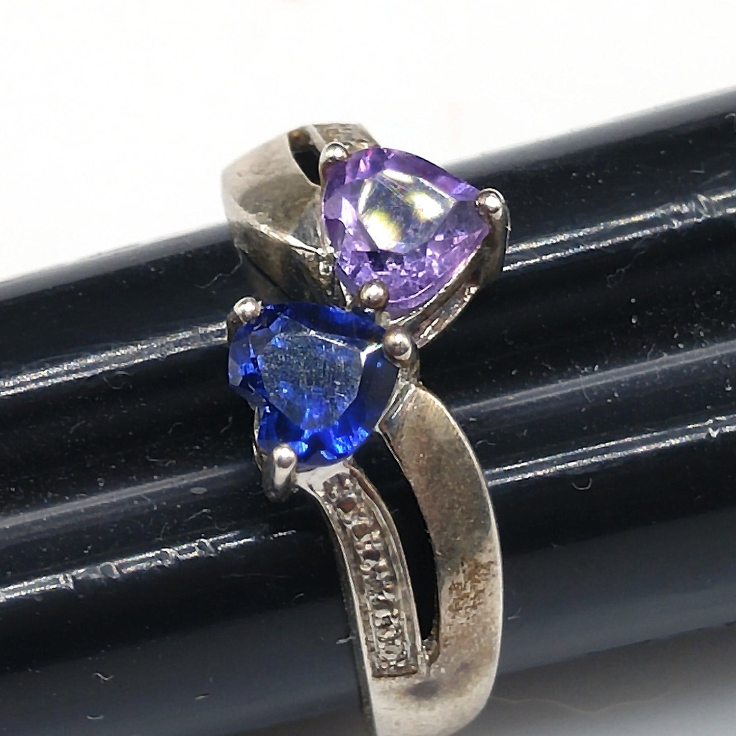 Sterling Silver Heart Ring with Blue Topaz & Amethyst, Size 5.5, 1980s–1990s