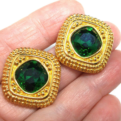 Swarovski Swan Logo Earrings, Emerald Green Crystal, Gold Plated Clip On, 1980s Vintage Jewelry