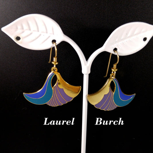 Laurel Burch "Egyptian Flower" Dangle Earrings, Gold Plated Cloisonne, Enamel Teal Purple, 1980s Vintage Jewelry