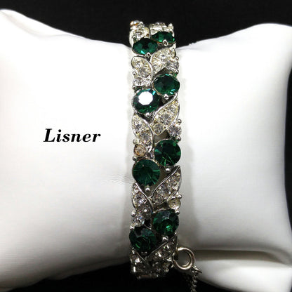 Lisner Emerald Green Rhinestone Hinged Bracelet, Rhodium Plated, 1960s Vintage Jewelry