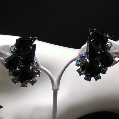Black Aurora Borealis Brooch & Earrings, Rhodium Plated, 1960s Vintage Jewelry