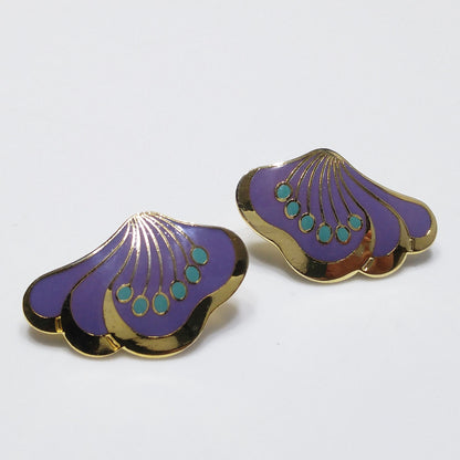 Laurel Burch Peony Post Earrings, Gold Plated Cloisonne Enamel, 1980s Vintage