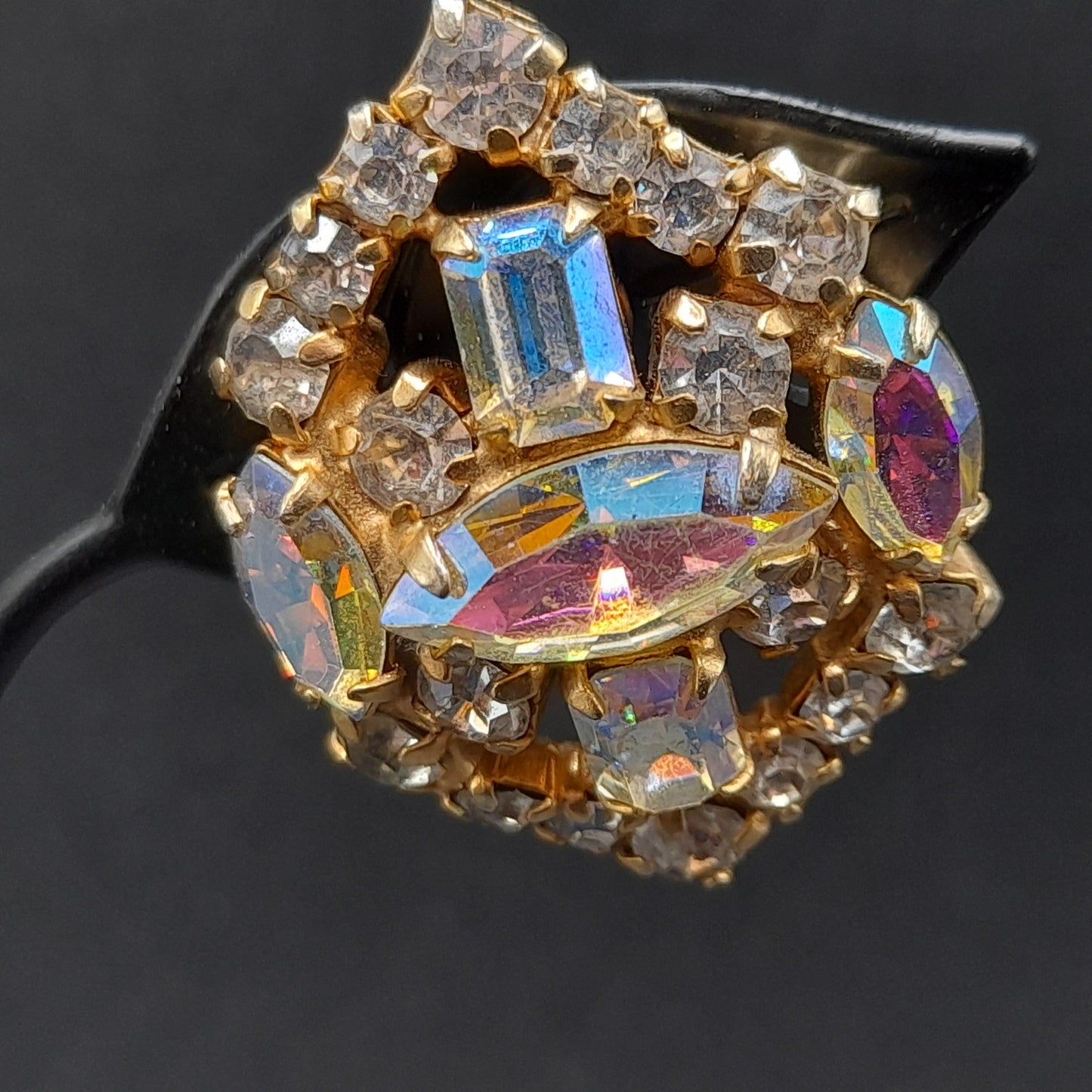 LaRoco Aurora Borealis Clip Earrings, Designer Gold Plated, 1960s Vintage Jewelry