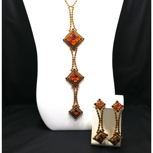 Topaz Glass Rhinestones Long Necklace Earrings, Rivoli Rhinestones, Gold Plated, 1960s Vintage Jewelry