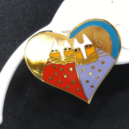 Laurel Burch "Valentine Cats" Brooch & Earrings, Gold Plated, Cloisonné Enamel, 1980s Vintage Jewelry