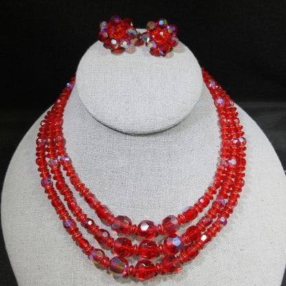 Czech Red Glass Beaded Necklace & Earrings, Fire Polished Red Beads, 1950s Vintage Jewelry