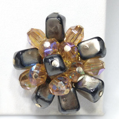 Vendome Beaded Clip Earrings, Brown Iridescent AB Topaz Beads, 1960s Vintage Jewelry