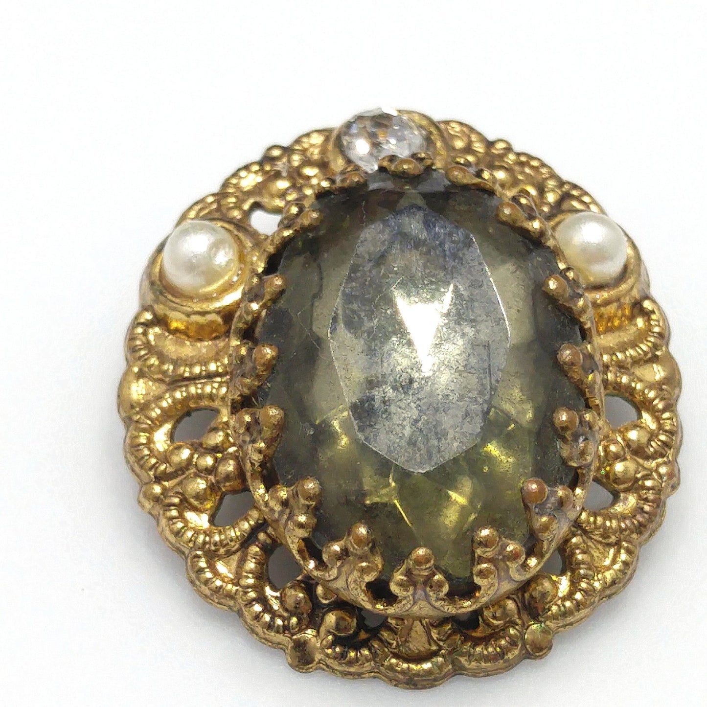 West Germany Gray Green Clip Earrings, Clear Glass & Faux Pearls, 1950s Vintage Jewelry