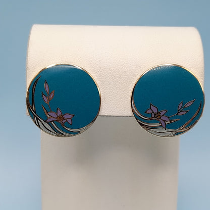 Vintage Laurel Burch Teal Wind Flower Gold Plated Earrings