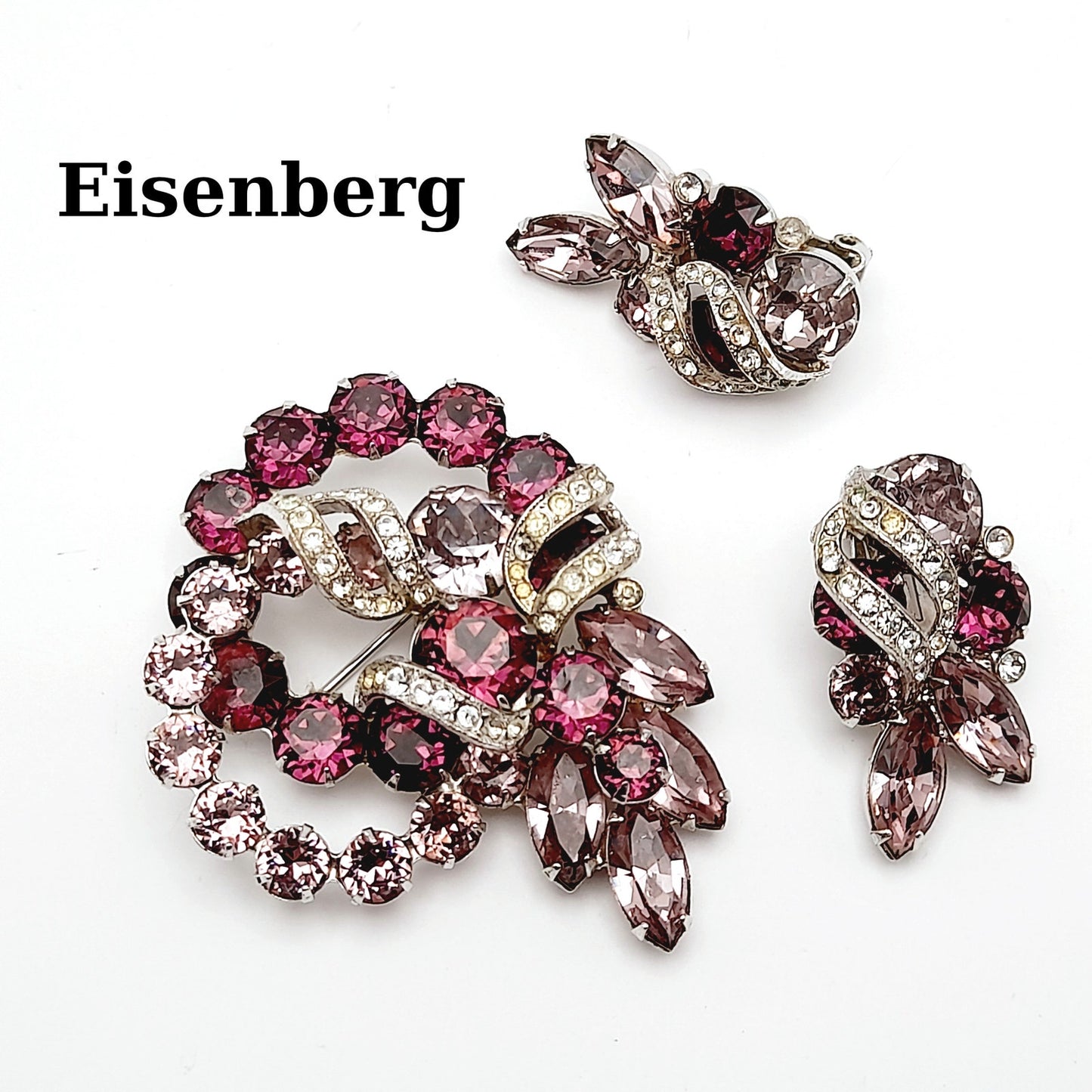Eisenberg Purple Rhinestone Brooch & Earrings Set Vintage Rhodium Mid Century