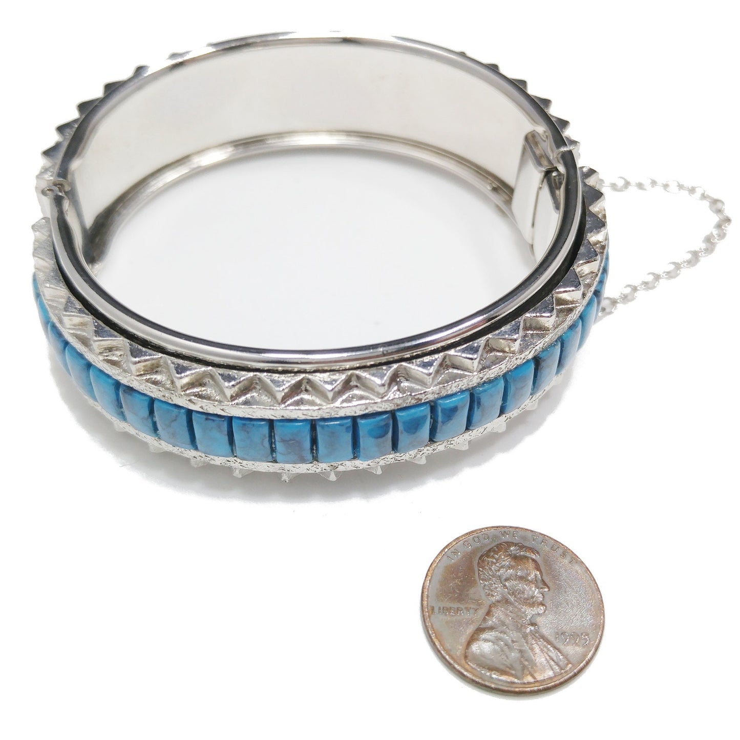 Whiting & Davis Faux Turquoise Hinged Bracelet, Silver Tone, 1970s Vintage Jewelry
