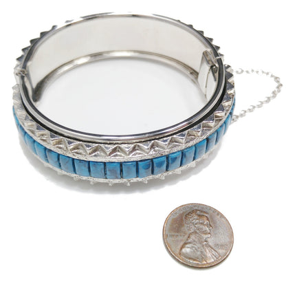 Whiting & Davis Faux Turquoise Hinged Bracelet, Silver Tone, 1970s Vintage Jewelry