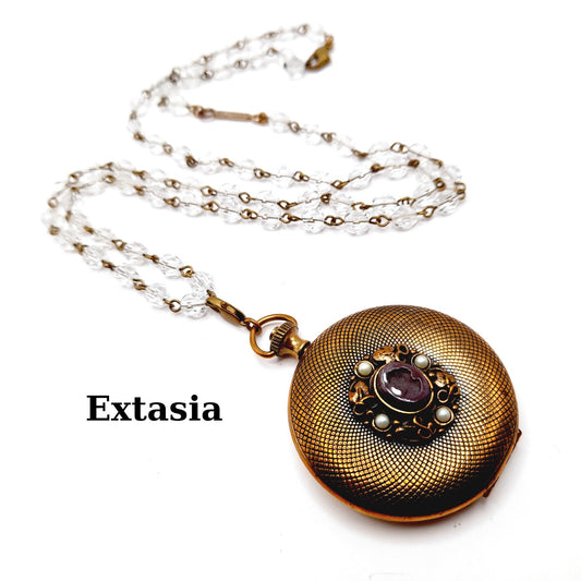Vintage Extasia Intaglio Pocket Watch Style Locket Clear Bead Necklace, 28 Inches
