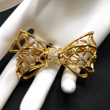 Swarovski Gold Bow Brooch, Clear Rhinestones, Vintage 1980s Jewelry