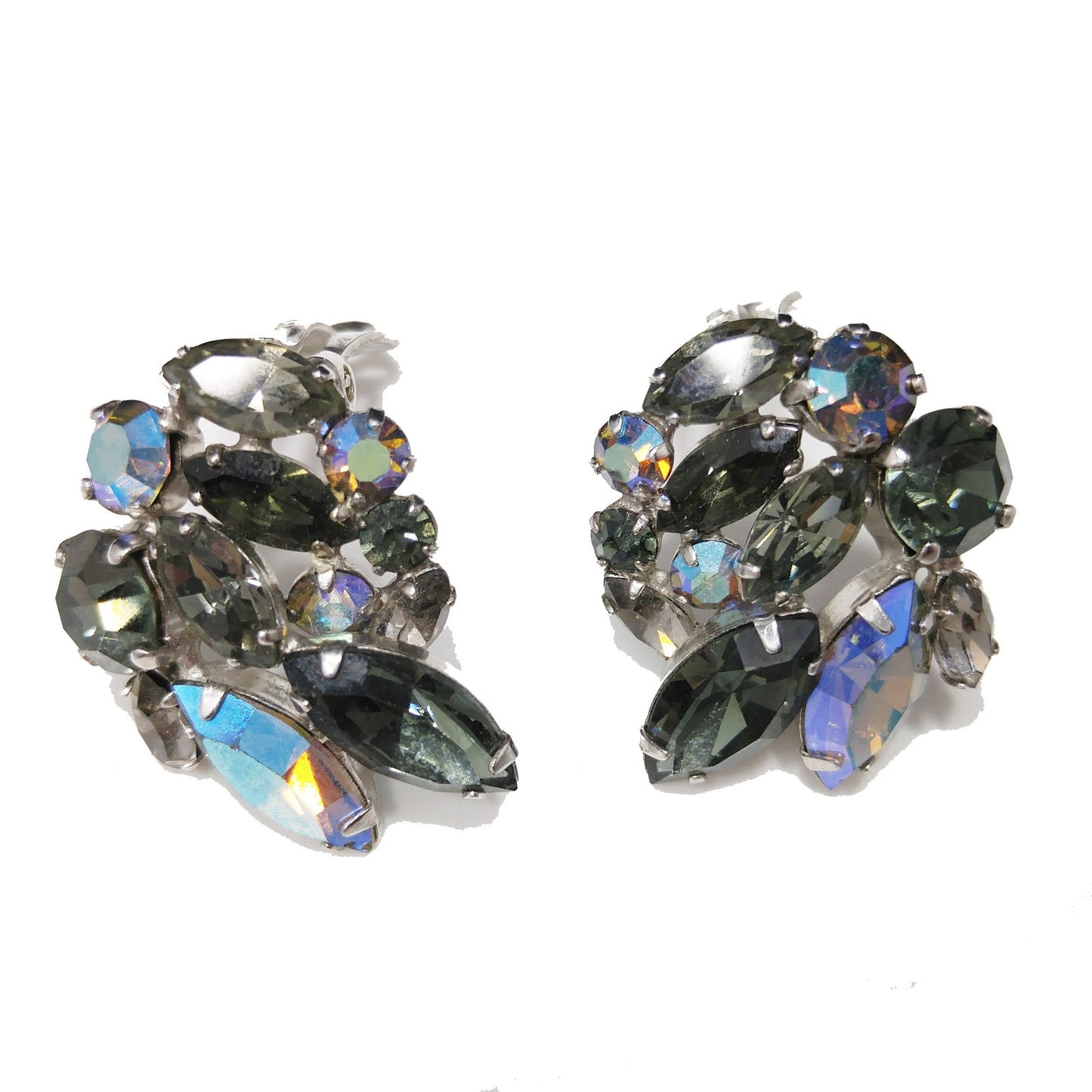Sherman Black Diamond Rhinestone Earrings, Aurora Borealis, 1960s Vintage Jewelry