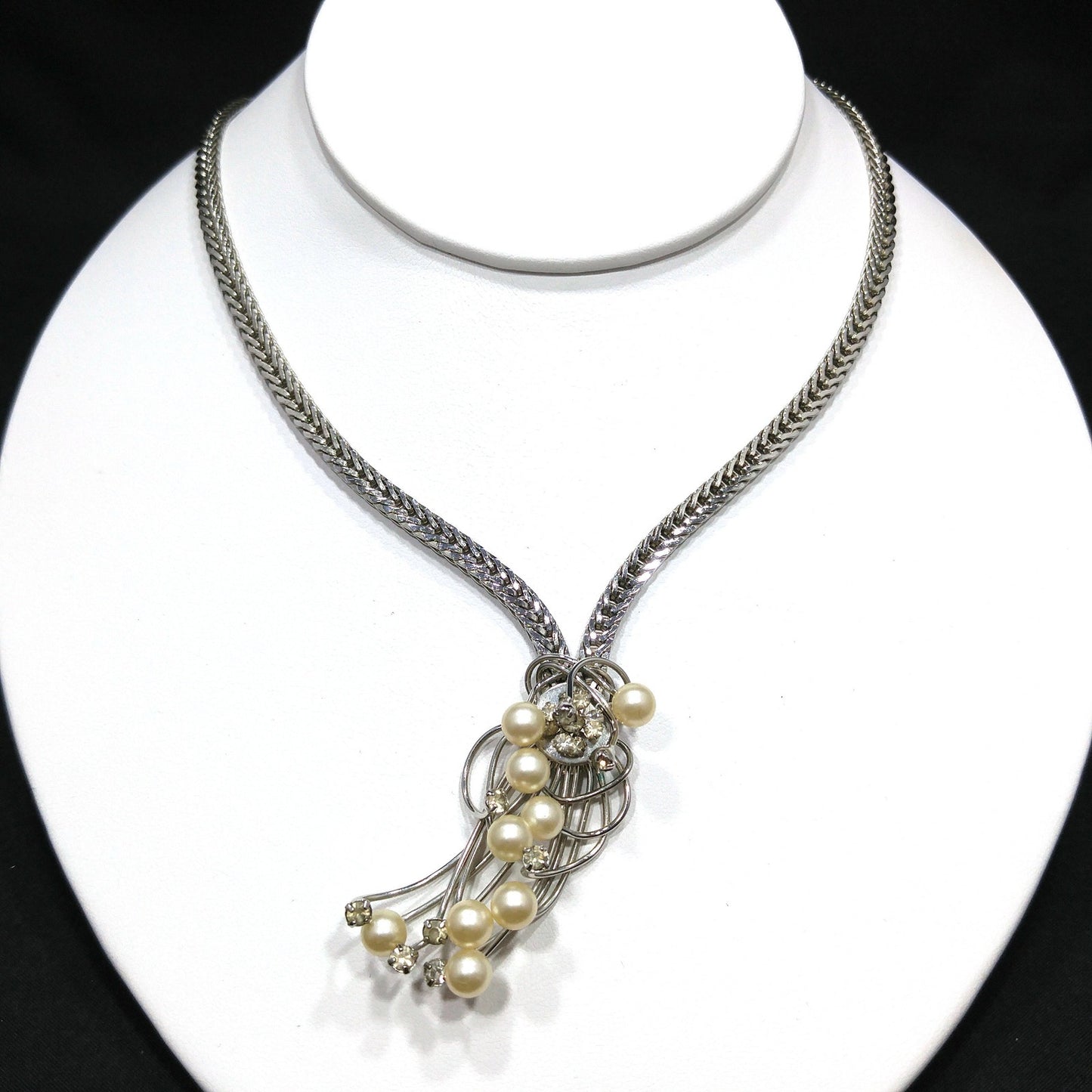 Hobe’ Mid Century Rhodium Faux Pearl Rhinestone Pendant Necklace 1950s