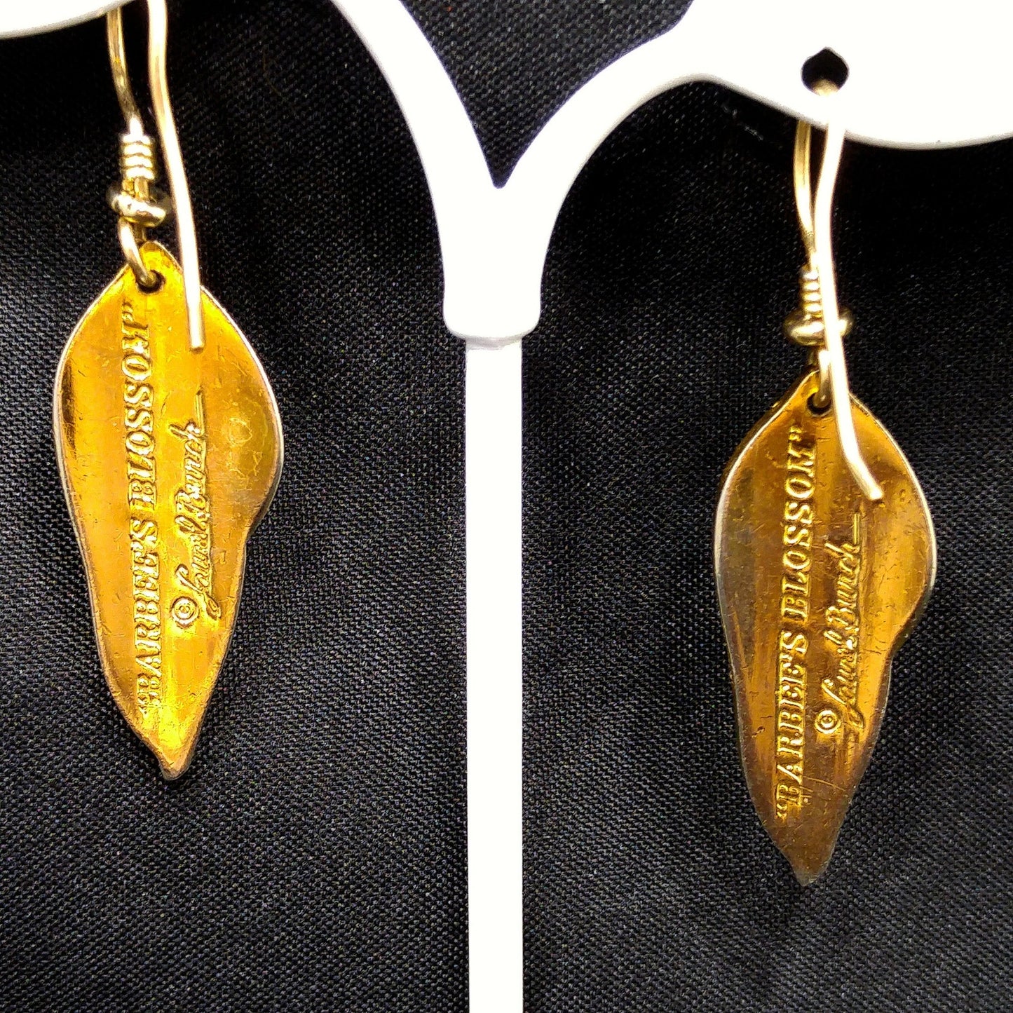 Laurel Burch "Barbee's Blossom" Earrings, Green & Dusty Pink, Gold Plated, 1980s